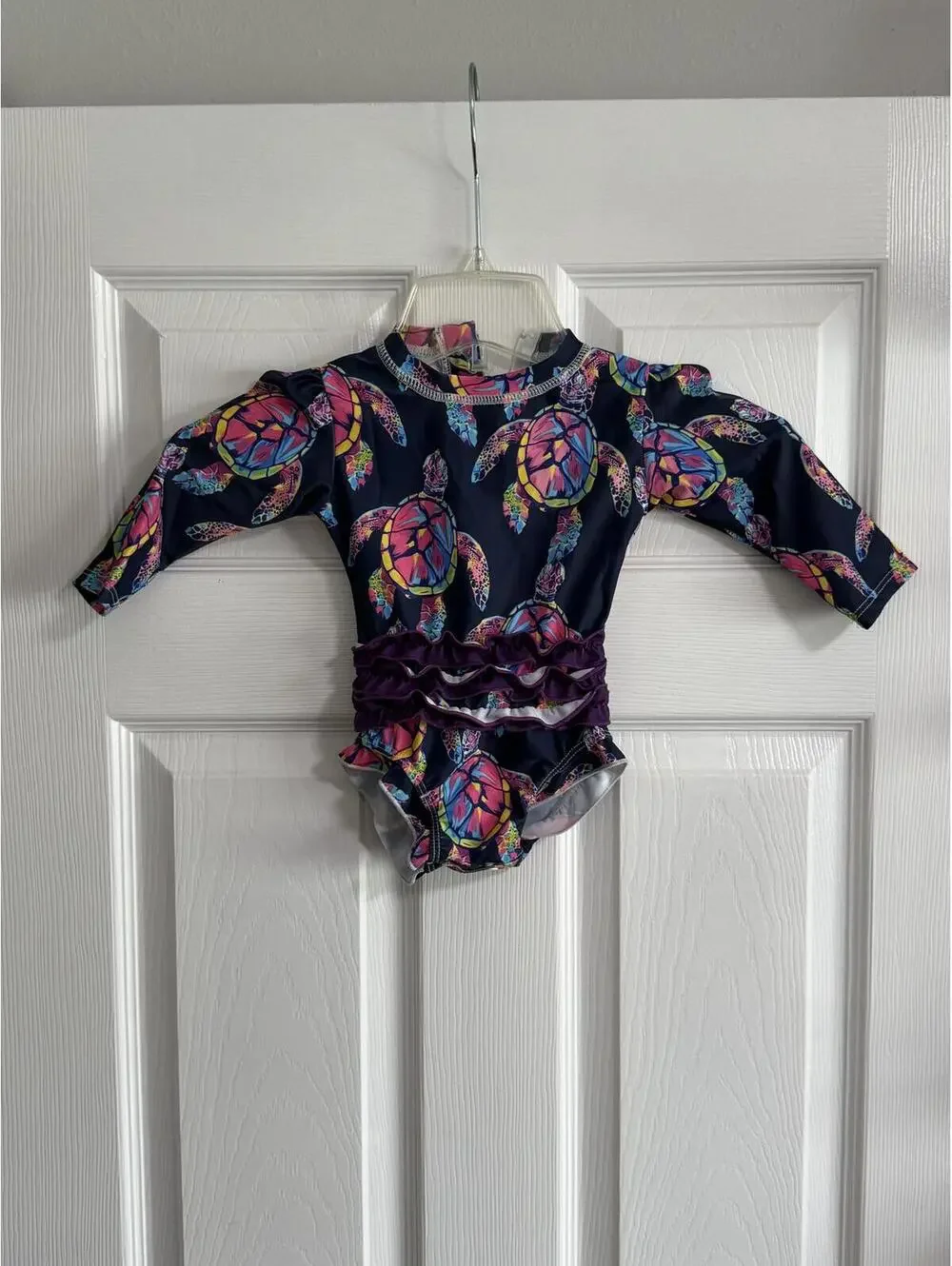 Girls’ Long Sleeve Turtle Print Ruffle Swimsuit – Size 3–6 Months